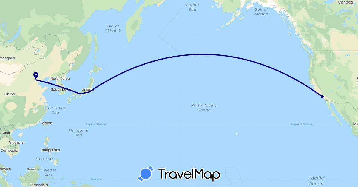 TravelMap itinerary: driving in China, Japan, South Korea, United States (Asia, North America)